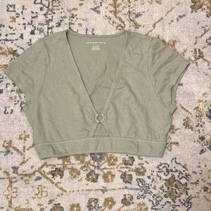 American Eagle Green Khaki Sage Crop Top V Neck Short Sleeve | Sz XL